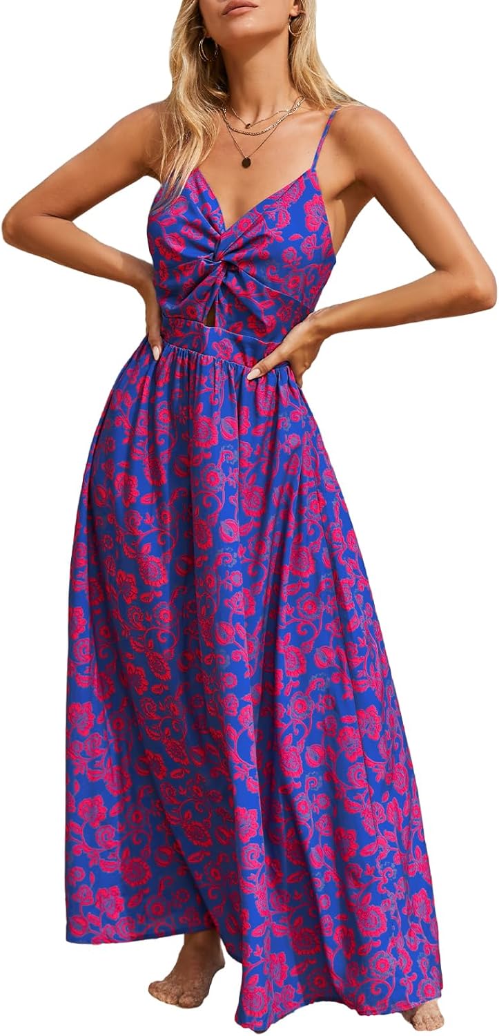 Women's Floral Print Twisted V Neck Sleeveless Casual Long Maxi Dress