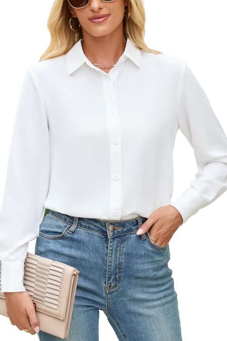 Women's Stain Resistant Classic Collared Long Sleeve Chiffon Button Down Blouse