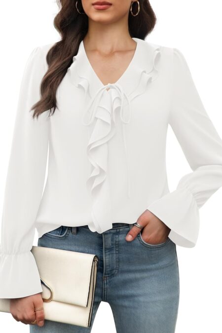 Women's V Neck Ruffle Long Sleeve Tunic Chiffon Blouse