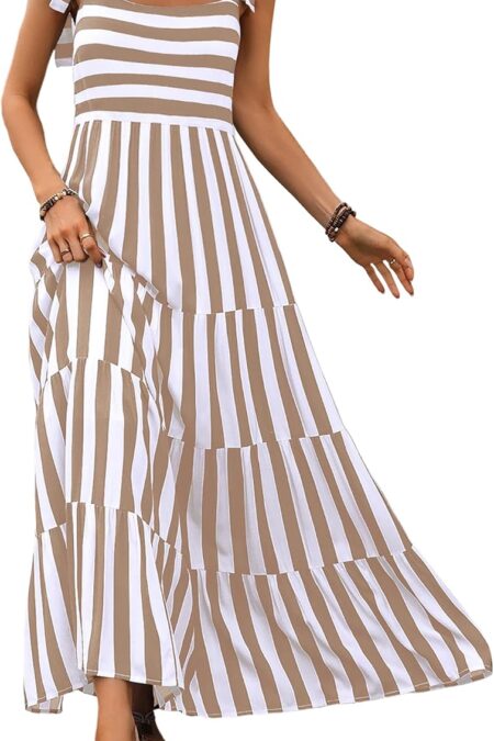 Women's Spaghetti Strap Square Neck Floral Tiered Flowy Beach Maxi Dress