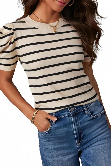 Women's Short Puff Sleeve Crewneck Striped Knit Summer Blouse