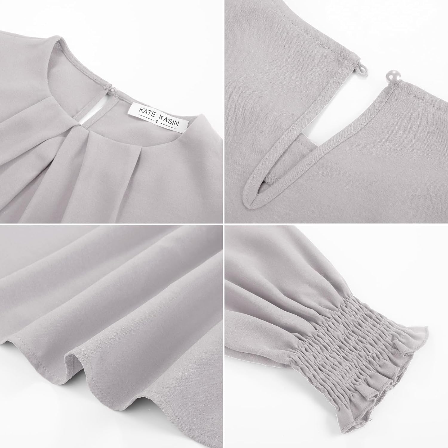 Women's Pleated Puff Sleeve Crewneck Keyhole Back Dressy Casual Top - Image 2