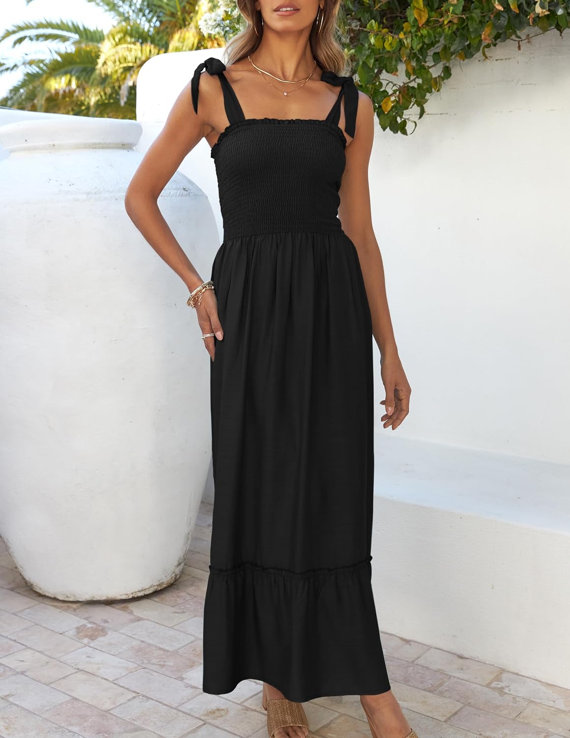 Women's Square Neck Tie Up Ribbon Straps Floral Tiered Maxi Dress - Image 2