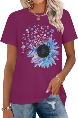 Women's Crewneck Flower Print Short Sleeve Loose Fit Tunic Blouse