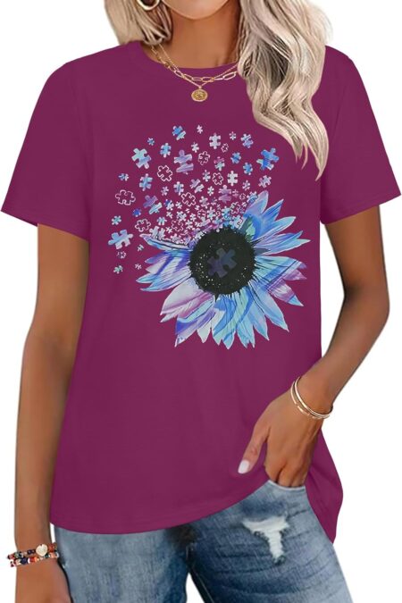 Women's Crewneck Flower Print Short Sleeve Loose Fit Tunic Blouse