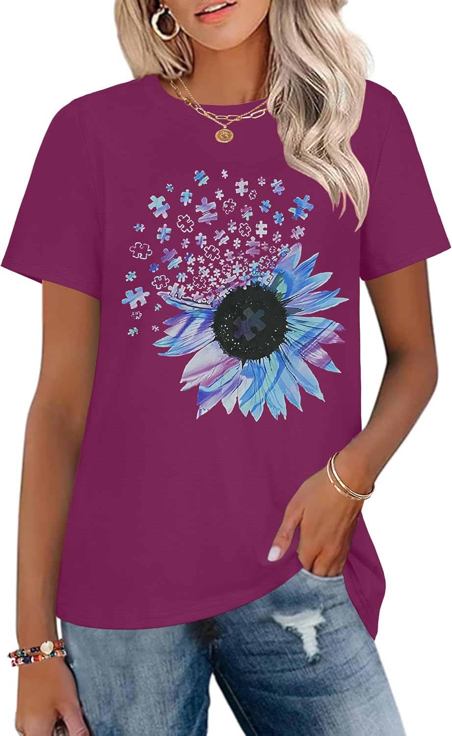Women's Crewneck Flower Print Short Sleeve Loose Fit Tunic Blouse