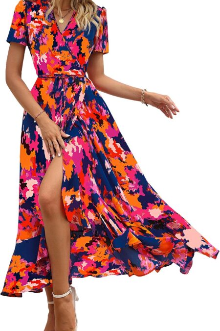 Women's Wrap V Neck Short Sleeve Floral Split Beach Maxi Dress