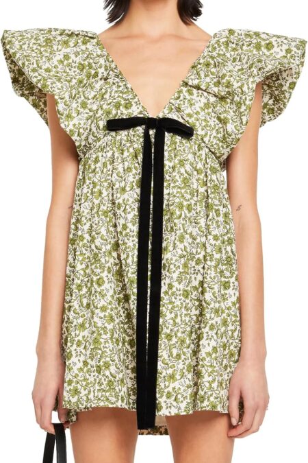 Women's V Neck Puff Sleeve Floral Babydoll Mini Dress