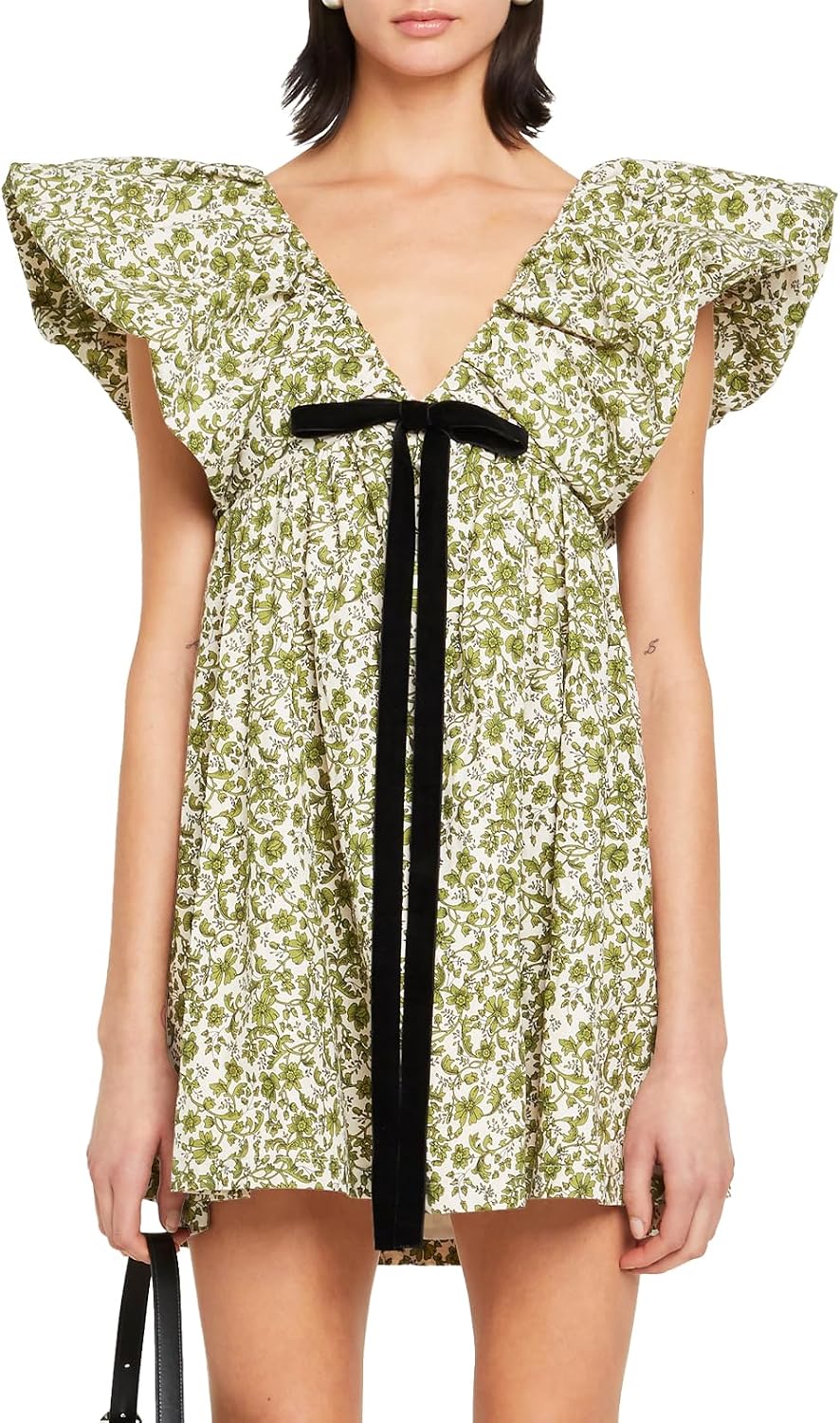 Women's V Neck Puff Sleeve Floral Babydoll Mini Dress