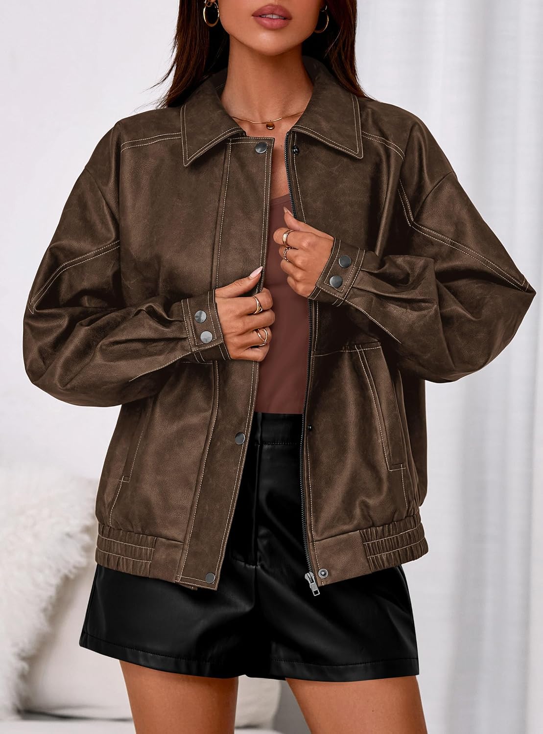 Women's Oversized Faux Fur Moto Biker Zip Up Leather Jacket - Image 2