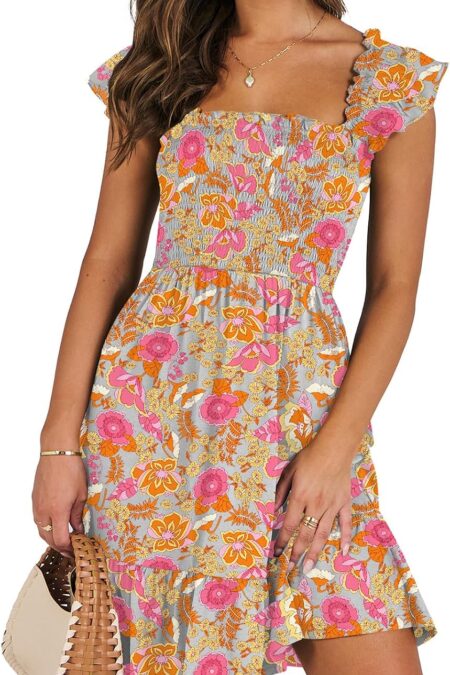 Women's Square Neck Smocked Ruffle Backless Boho Beach Short Sundress