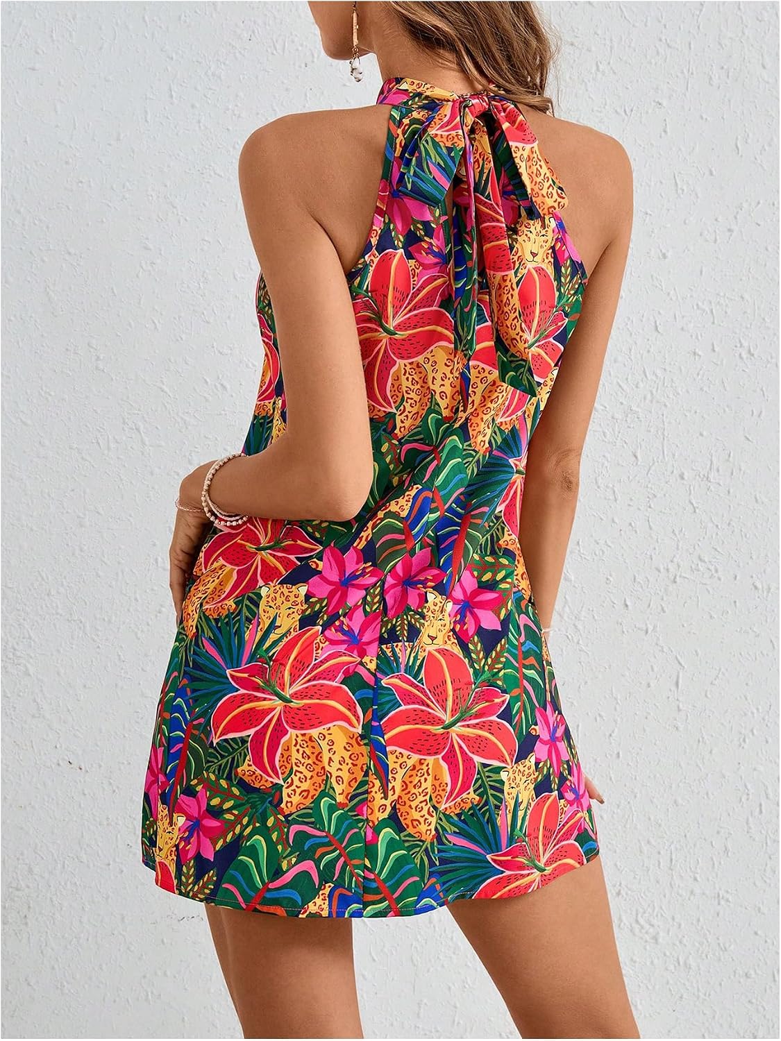 Women's Sleeveless Halter Neck Tropical Print A Line Short Dress - Image 2