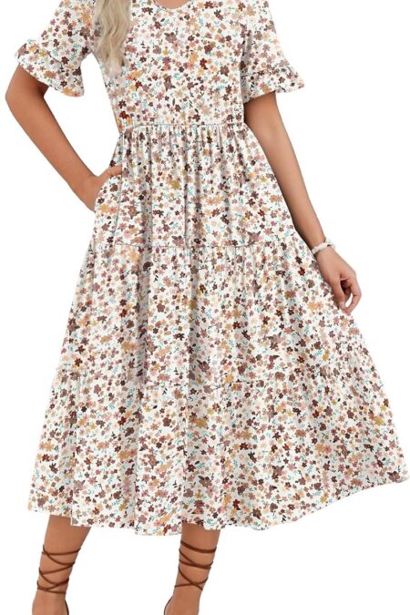 Women's V Neck Ruffle Short Sleeve Tiered Floral Midi Dress with Pockets