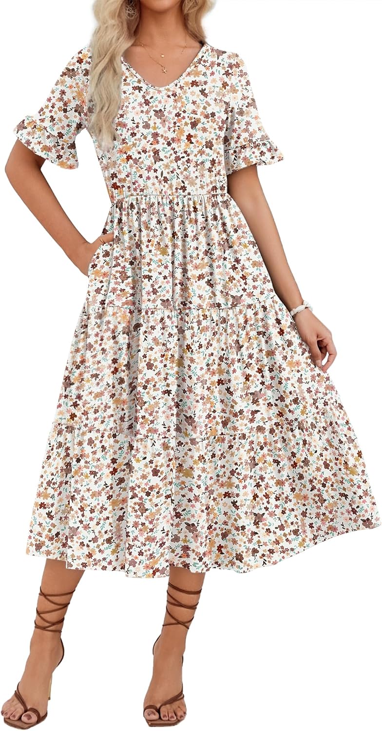 Women's V Neck Ruffle Short Sleeve Tiered Floral Midi Dress with Pockets