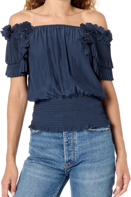 Women's Floral Embellished Off Shoulder Pleated Short Sleeve Top