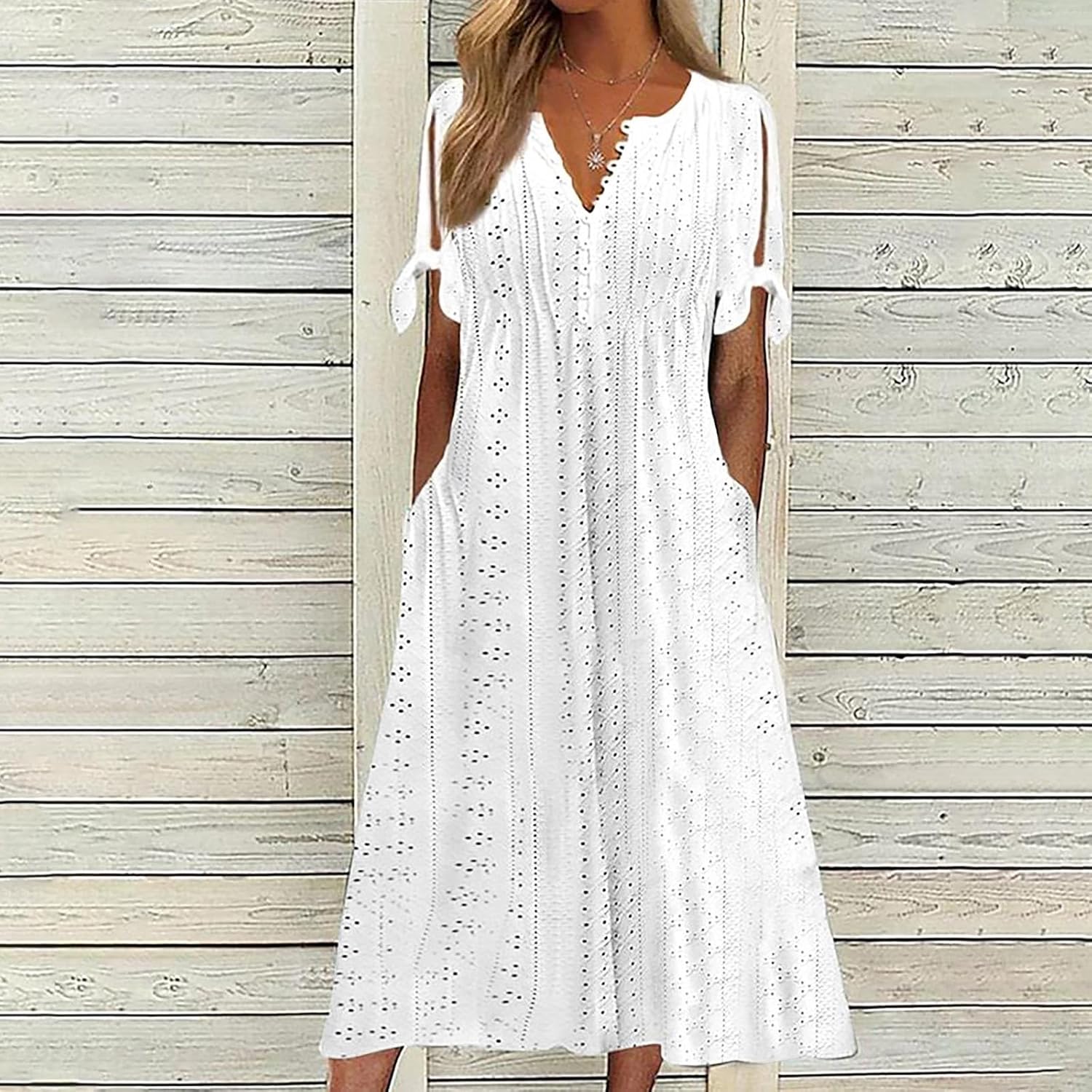 Women's Short Sleeve Eyelet Tshirt Casual Summer Beach Vacation Maxi Dress - Image 2