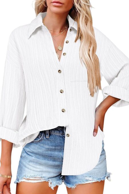 Women's Textured V Neck Drop Shoulder Long Sleeve Button Down Shirt with Pocket