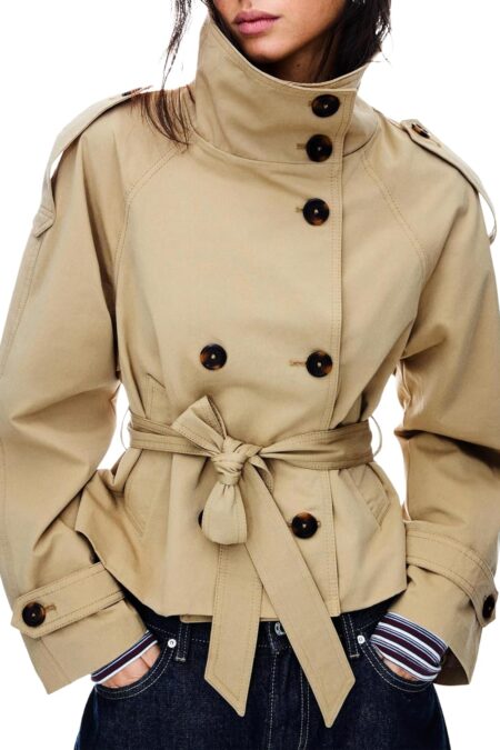 Women's Cropped Double Breasted High Collar Fall Winter Trench Coat with Belt