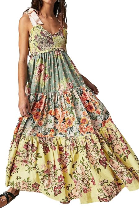 Women's Floral Boho Tie Shoulder Smocked Patchwork Maxi Dress with Pockets