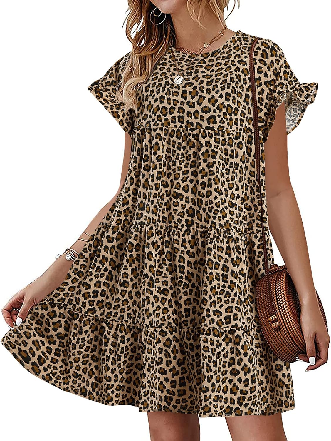 Women's Boho Floral Ruffle Sleeve Babydoll Loose Pleated Mini Dress