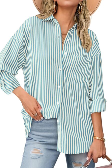 Women's Striped Long Sleeve Collared Loose Fit Office Blouse with Pocket