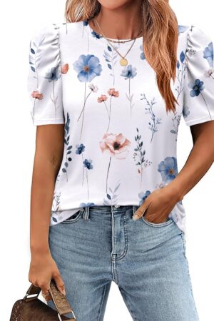 Women's Puff Short Sleeve Crewneck Floral Boho Tunic Top