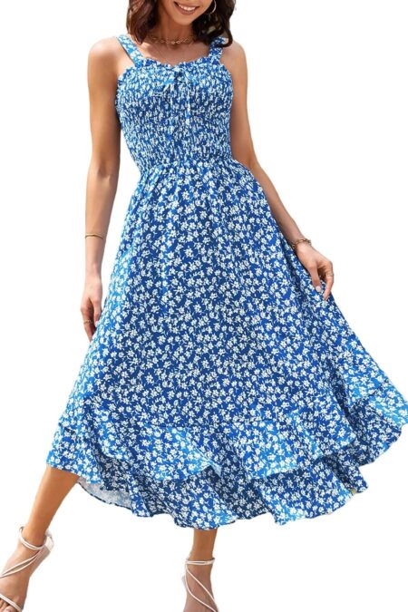 Women's Square Neck Strappy Tiered Ruffle Floral A Line Maxi Dress
