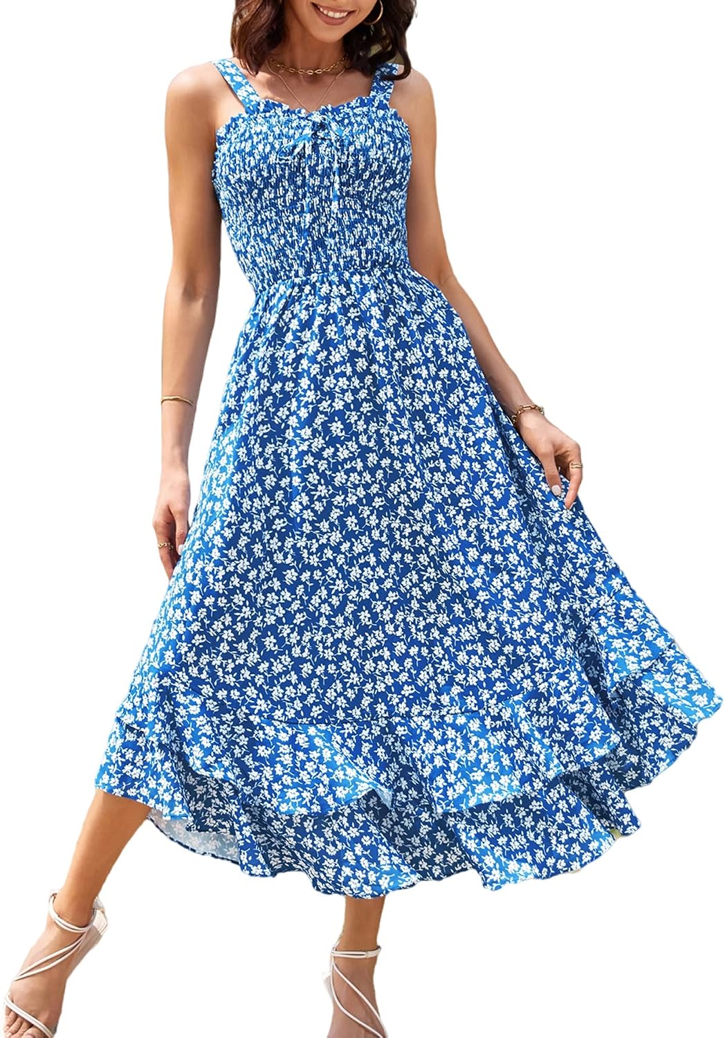 Women's Square Neck Strappy Tiered Ruffle Floral A Line Maxi Dress