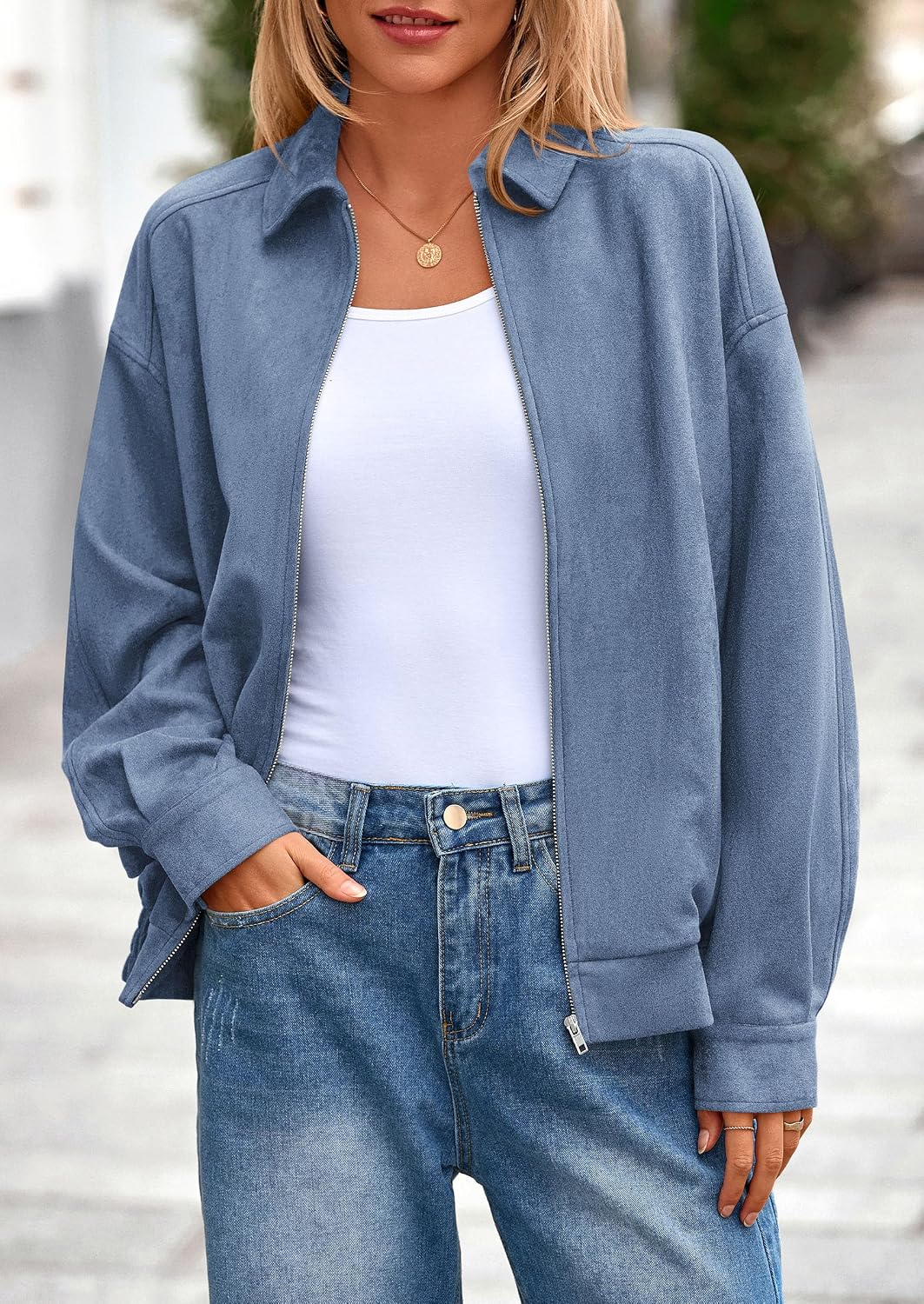 Women's Faux Suede Oversized Zip Up Bomber Jacket - Image 2
