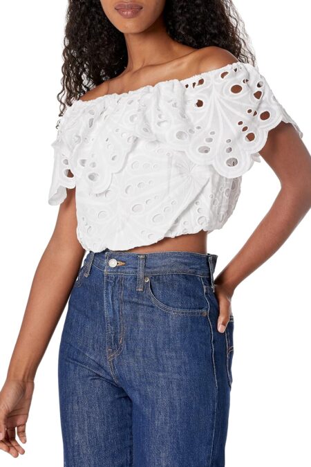 Women's Off The Shoulder Ruffle Short Sleeve Novelty Lace Top